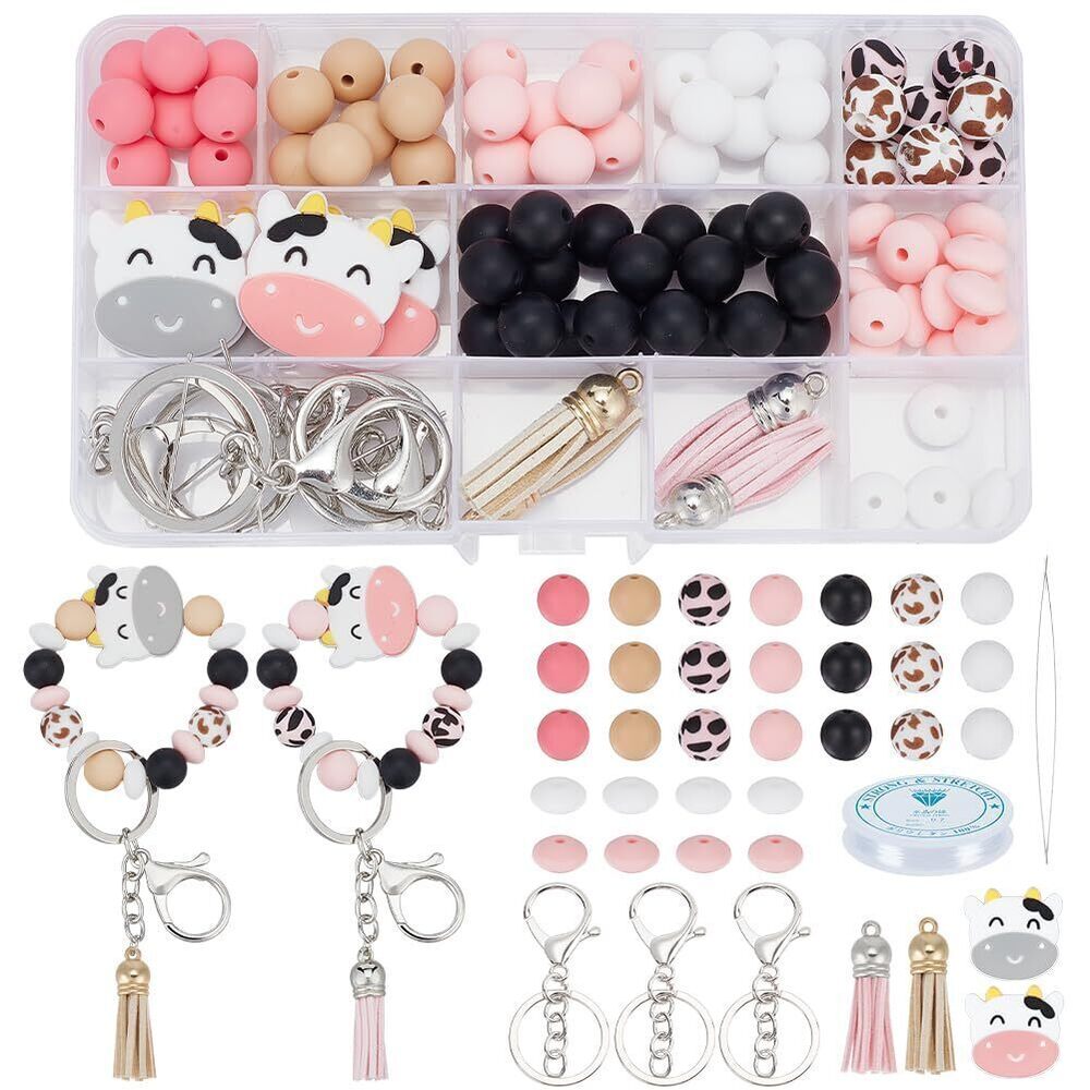 3730 Silicone Beads Bracelets Keychain Making Kit Cow Theme Pink Assorted